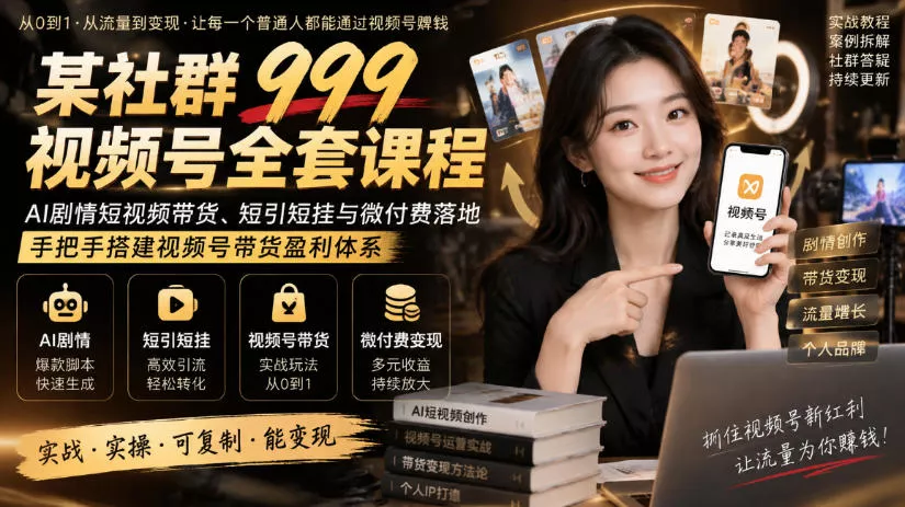 某社群999视频号全套课程，AI剧情短视频带货、短引短挂与微付费落地，手把手搭建视频号带货盈利体系 - 来及网络