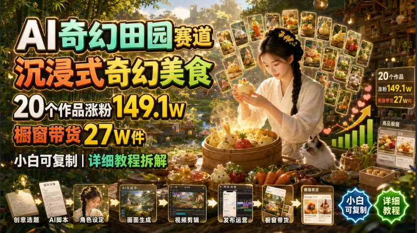 AI奇幻田园赛道，沉浸式奇幻美食，20个作品涨粉149.1W，橱窗带货27W件，小白可复制，详细教程拆解 - 来及网络