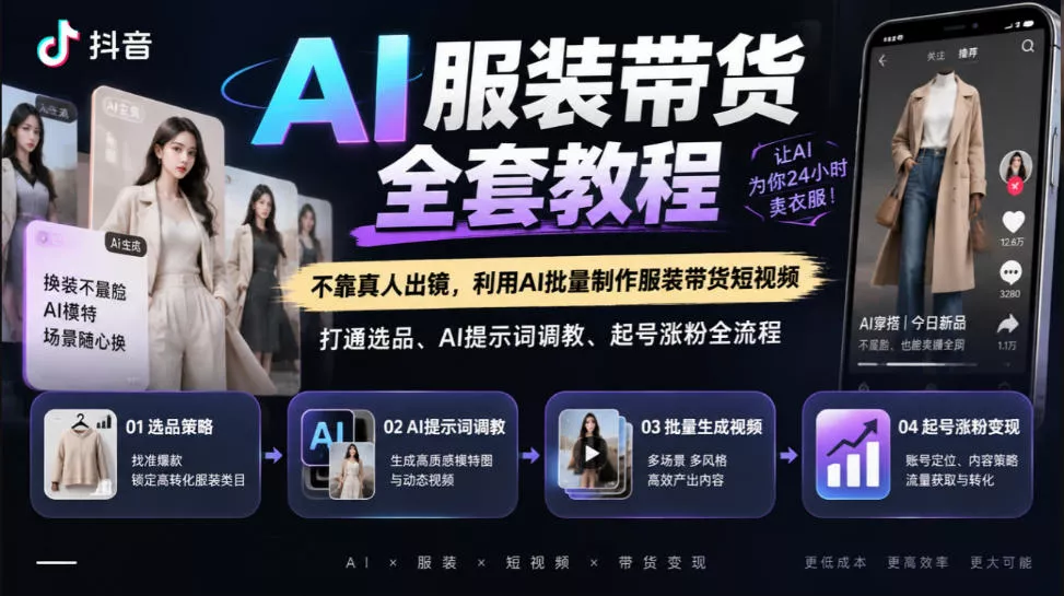抖音AI服装带货全套教程，不靠真人出镜，利用AI批量制作服装带货短视频，打通选品、AI提示词调教、起号涨粉全流程 - 来及网络