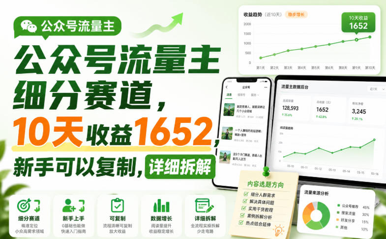 公众号流量主细分赛道，10天收益1652，新手可以复制，详细拆解 - 来及网络