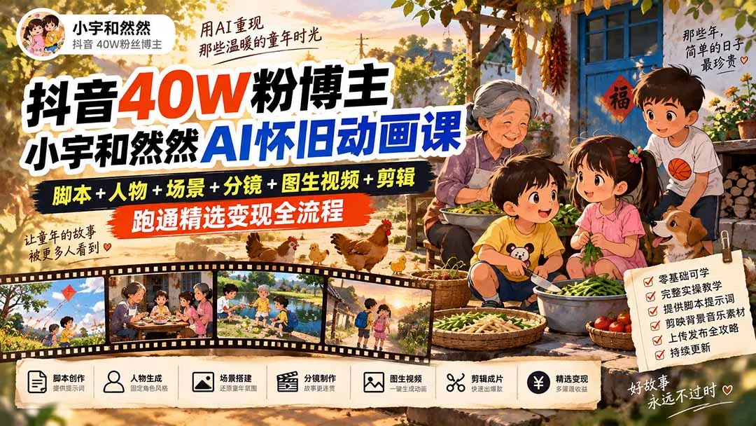 抖音40W粉博主小宇和然然AI怀旧动画课｜脚本+人物+场景+分镜+图生视频+剪辑，跑通精选变现全流程 - 来及网络