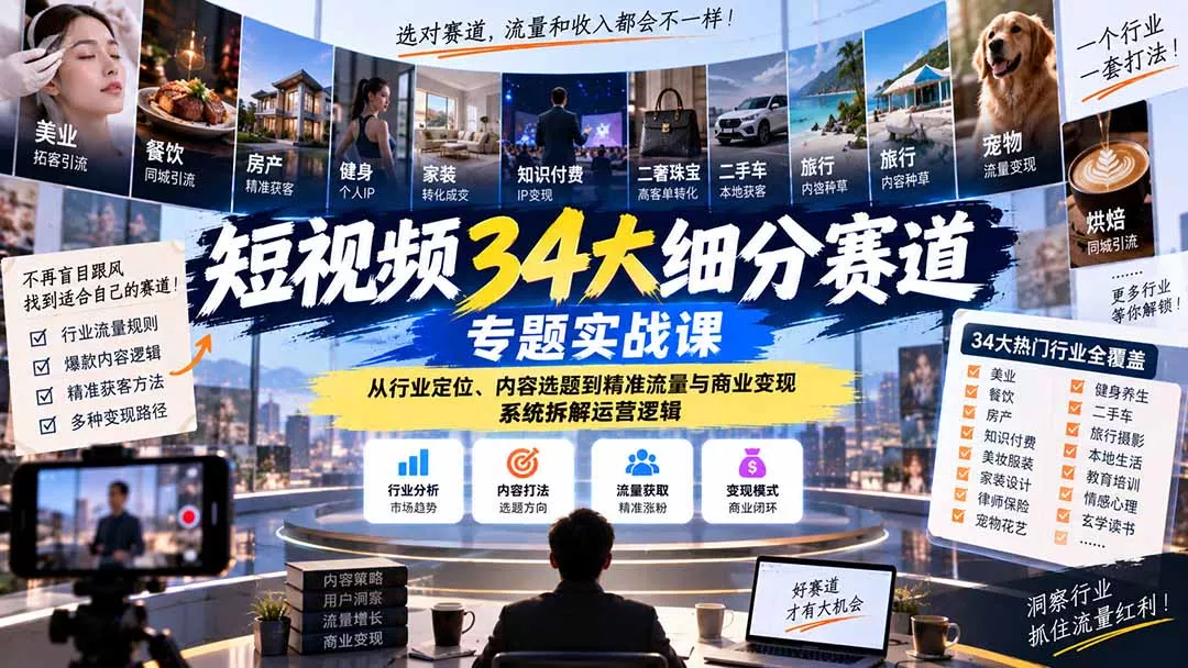 短视频34大细分赛道专题实战课：从行业定位、内容选题到精准流量与商业变现，系统拆解运营逻辑 - 来及网络