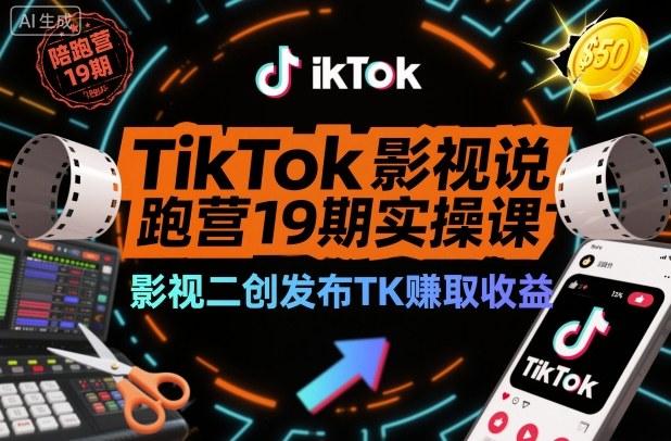 TikTok影视解说陪跑营19期实操课，影视二创发布TK賺取收益，万播收益50美金(更新) - 来及网络