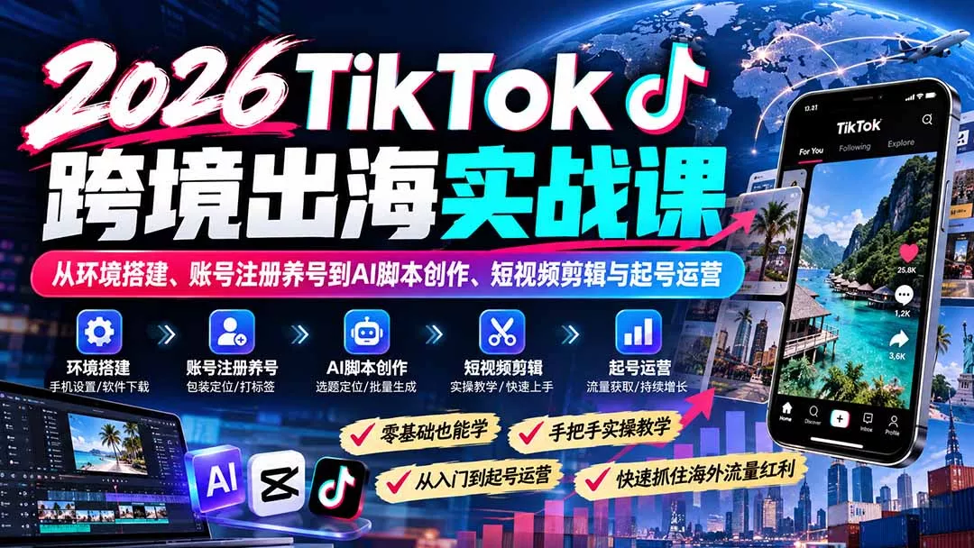 2026TikTok跨境出海实战课：从环境搭建、账号注册养号到AI脚本创作、短视频剪辑与起号运营 - 来及网络