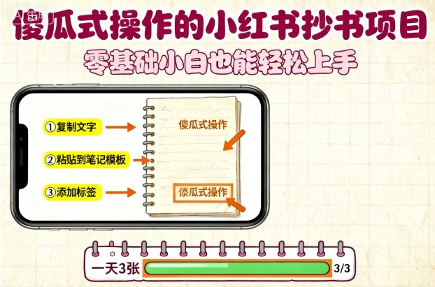 傻瓜式操作的小红书抄书项目，会复制粘贴就行，零基础小白也能一天3张 - 来及网络
