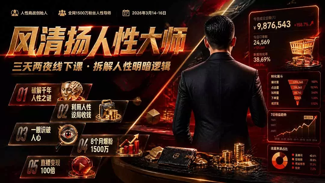 风清扬人性大师-三天两夜3月14-16线下课2026年｜拆解人性明暗逻辑，识人避坑，千万粉涨粉+直播百倍变现实战教学 - 来及网络