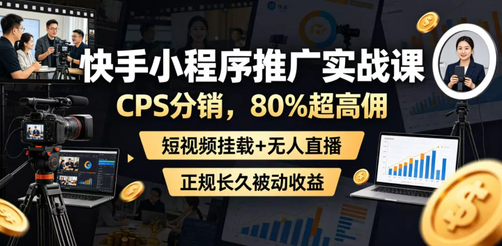 快手小程序推广实战课，CPS分销，80%超高佣，短视频挂载+无人直播，正规长久被动收益 - 来及网络