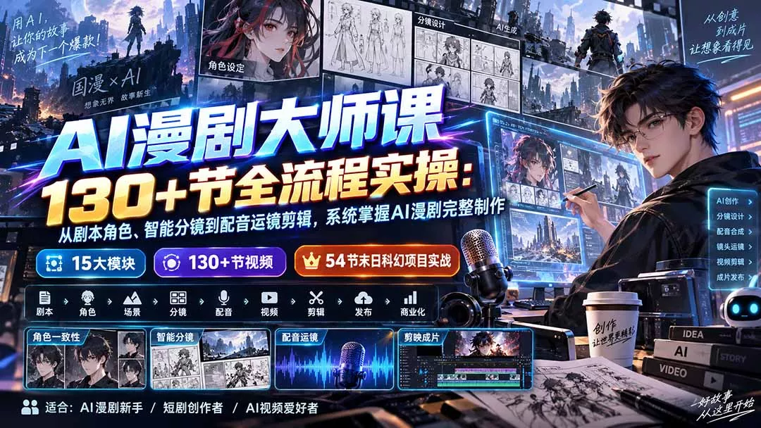 AI漫剧大师课130+节全流程实操：从剧本角色、智能分镜到配音运镜剪辑，系统掌握AI漫剧完整制作 - 来及网络