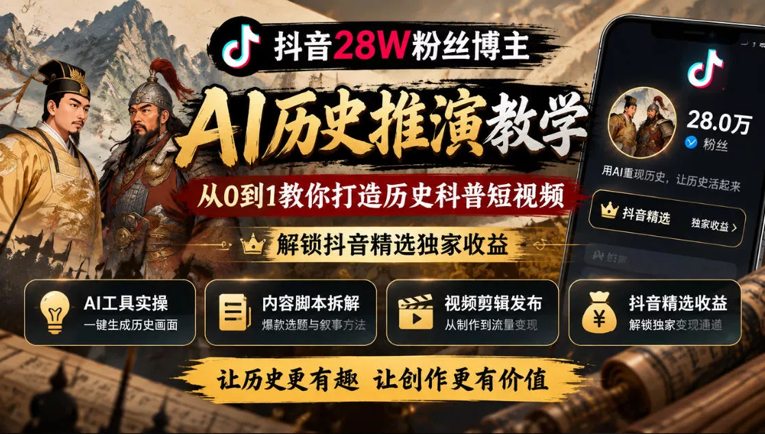 抖音28W粉丝博主的AI历史推演教学，从0到1教你打造历史科普短视频，解锁抖音精选独家收益 - 来及网络