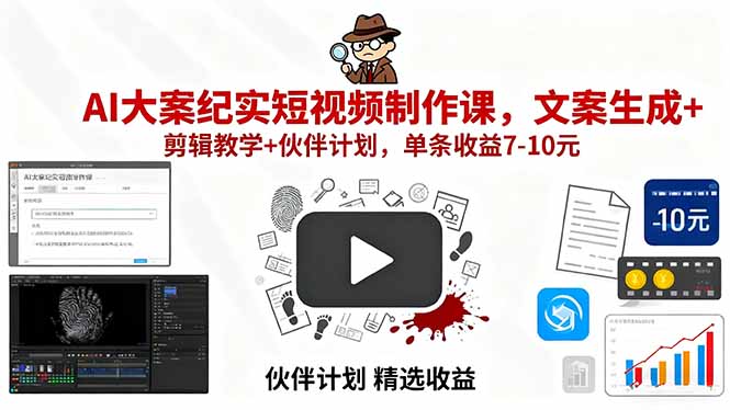 AI大案纪实短视频制作课，文案生成+剪辑教学+伙伴计划，单条收益7-10元 - 来及网络