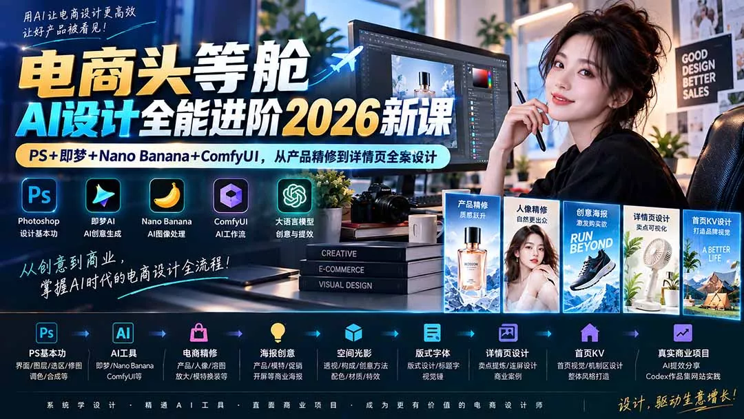 电商头等舱AI设计全能进阶2026新课：PS+即梦+Nano Banana+ComfyUI，从产品精修到详情页全案设计 - 来及网络