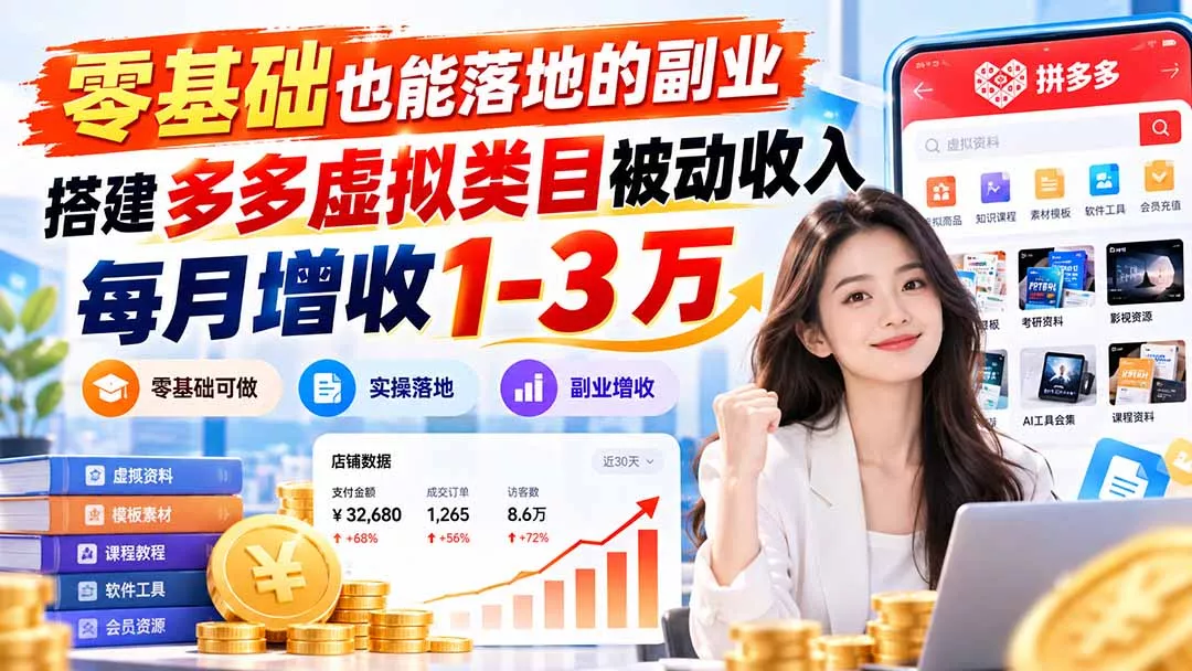零基础也能落地的副业，搭建多多虚拟类目被动收入，每月增收 1-3 万 - 来及网络
