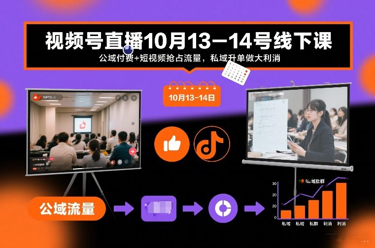 视频号直播10月13-14号线下课，公域付费+短视频抢占流量，私域升单做大利消 - 来及网络