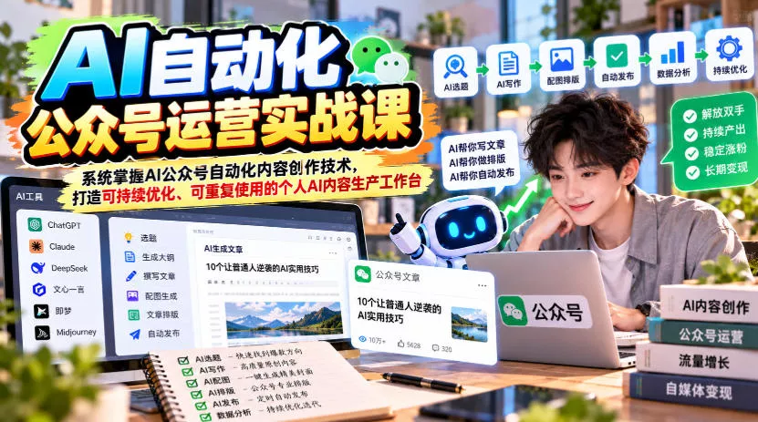 AI自动化公众号运营实战课，系统掌握AI公众号自动化内容创作技术，打造可持续优化、可重复使用的个人AI内容生产工作台 - 来及网络