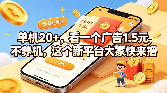 单机20+，看一个广告1.5米，不养机，这个新平台大家快来撸【揭秘】 - 来及网络