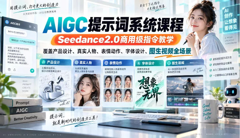 AIGC提示词系统课程，Seedance2.0商用级指令教学，覆盖产品设计、真实人物、表情动作、字体设计、图生视频全场景 - 来及网络