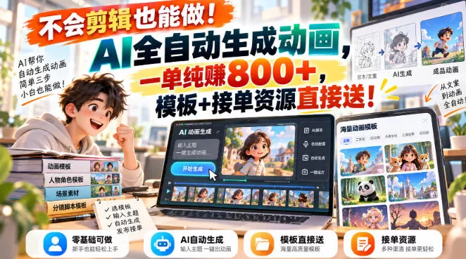 不会剪辑也能做！AI全自动生成动画，一单纯賺800+，模板+接单资源直接送！【揭秘】 - 来及网络
