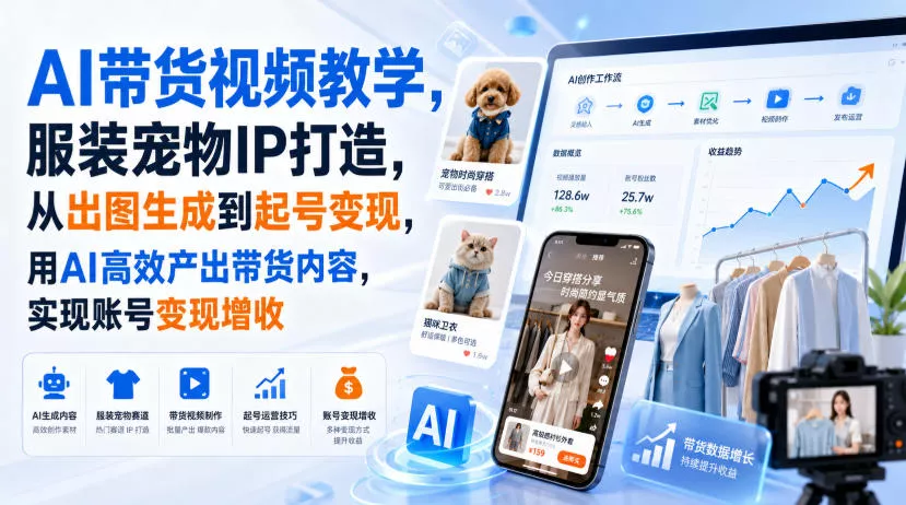 AI带货视频教学，服装宠物IP打造，从出图生成到起号变现，用AI高效产出带货内容，实现账号变现增收 - 来及网络