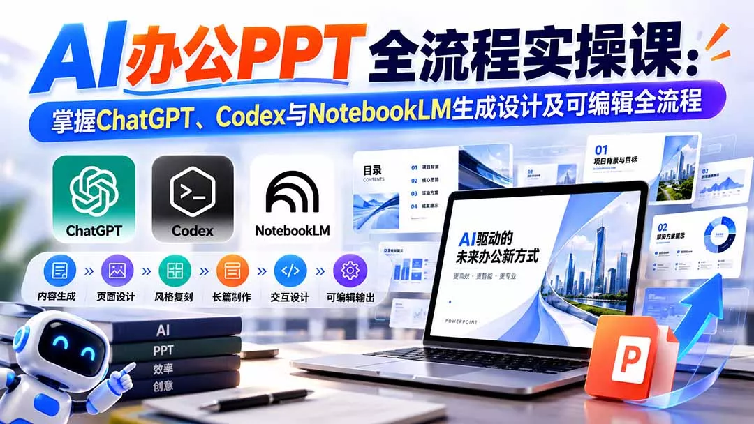 【无水印】AI办公PPT全流程实操课： 掌握ChatGPT、Codex与NotebookLM生成设计及可编辑全流程 - 来及网络