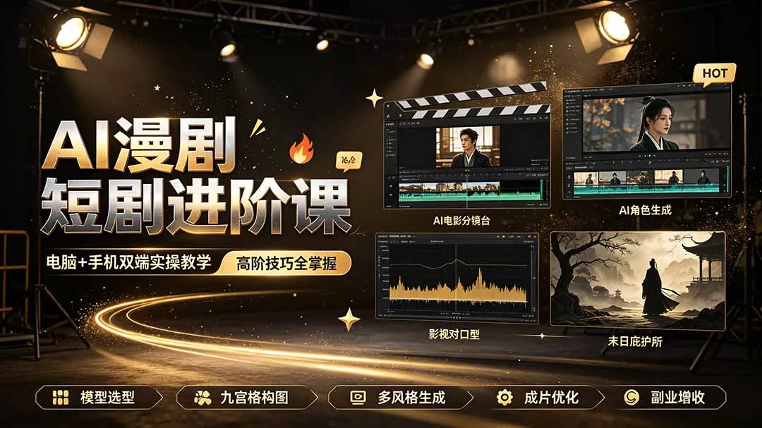 AI漫剧短剧进阶课｜电脑+手机双端实操教学｜影视剧对口型人物吃瓜×解压末日庇护所全程讲解，高阶技巧全掌握 - 来及网络
