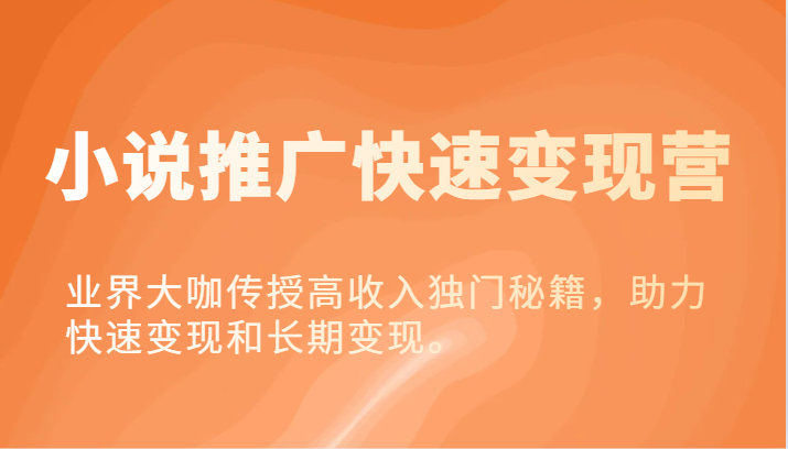 小说推广快速变现营-业界大咖传授高收入独门秘籍，助力快速变现和长期变现。 - 来及网络
