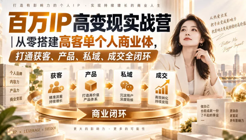 百万IP高变现实战营｜从零搭建高客单个人商业体，打通获客、产品、私域、成交全闭环 - 来及网络