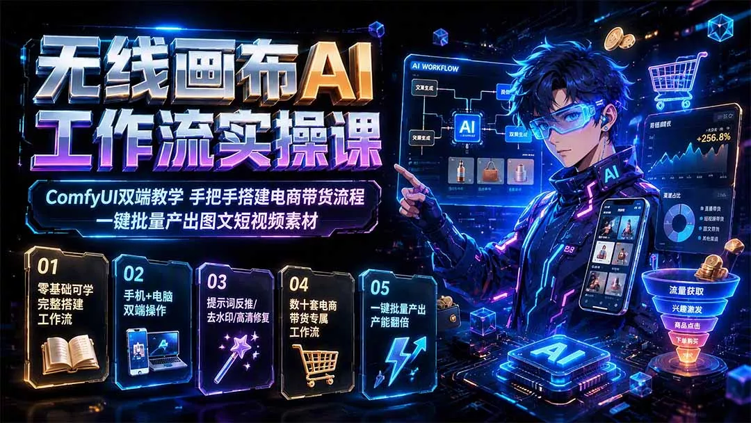 无线画布AI工作流实操课｜ComfyUI双端教学，手把手搭建电商带货流程，一键批量产出图文短视频素材 - 来及网络