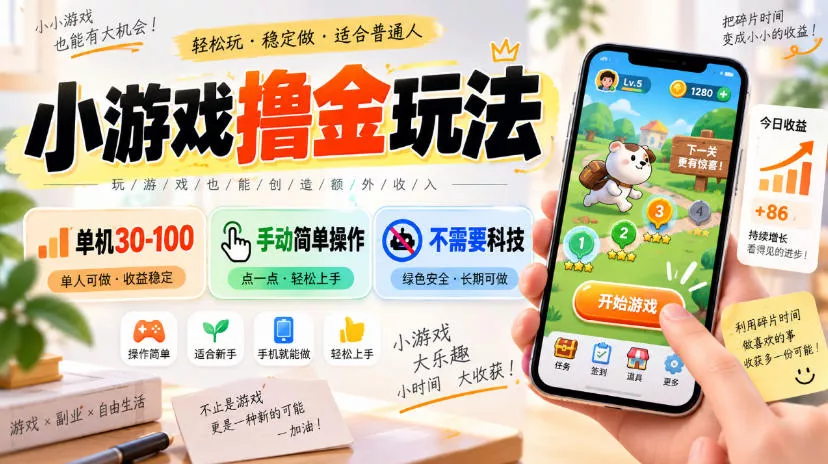 小游戏撸金玩法，单机30-100，手动简单操作，不需要科技 - 来及网络
