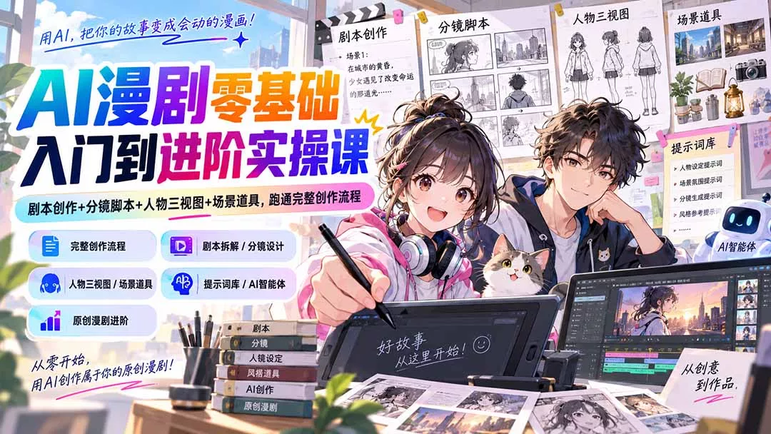 AI漫剧零基础入门到进阶实操课：剧本创作+分镜脚本+人物三视图+场景道具，跑通完整创作流程 - 来及网络