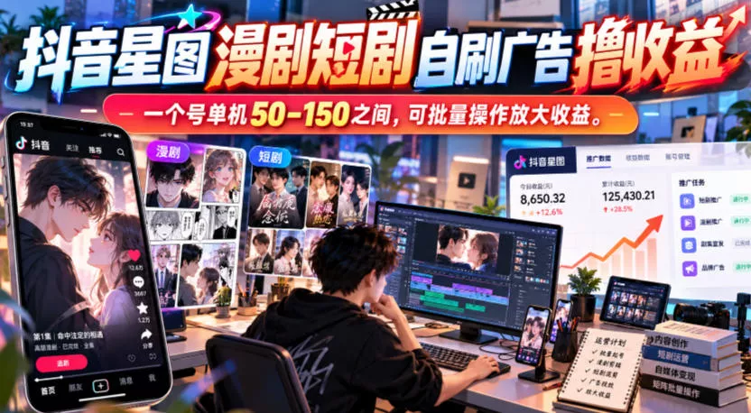 抖音星图漫剧短剧自刷广告撸收益，一个号单机50-150之间，可批量操作放大收益 - 来及网络