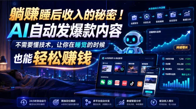躺賺睡后收入的秘密！AI自动发爆款内容，不需要懂技术，让你在睡觉的时候也能轻松賺钱【原创双语字幕】 - 来及网络