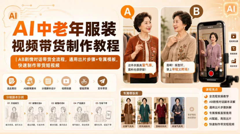 AI中老年服装视频带货制作教程｜AB剧情对话带货全流程，通用出片步骤+专属模板，快速制作带货短视频 - 来及网络