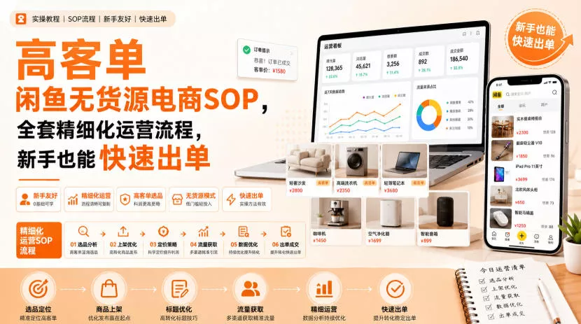 高客单闲鱼无货源电商SOP，全套精细化运营流程，新手也能快速出单 - 来及网络