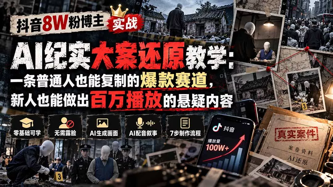 抖音8W粉博主AI纪实大案还原教学：一条普通人也能复制的爆款赛道，新人也能做出百万播放的悬疑内容 - 来及网络