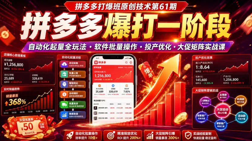 拼多多打爆班原创技术第61期，拼多多爆打一阶段，自动化起量全玩法・软件批量操作・投产优化・大促矩阵实战课 - 来及网络