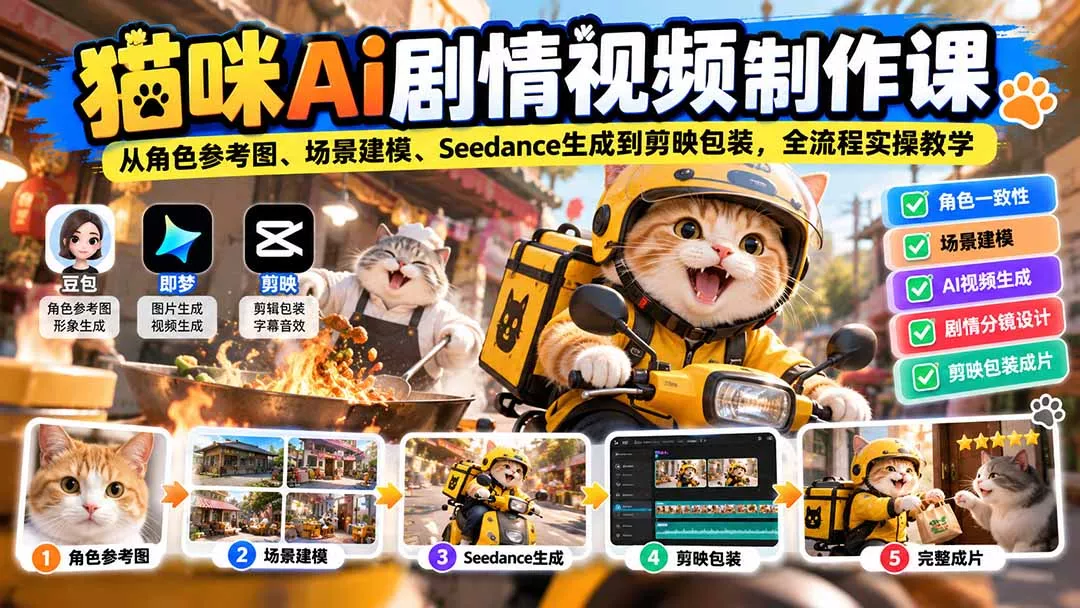 猫咪AI剧情视频制作课：从角色参考图、场景建模、Seedance生成到剪映包装，全流程实操教学 - 来及网络