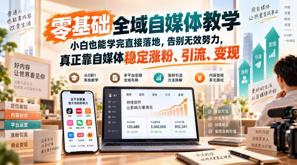 零基础全域自媒体教学，小白也能学完直接落地，告别无效努力，真正靠自媒体稳定涨粉、引流、变现 - 来及网络