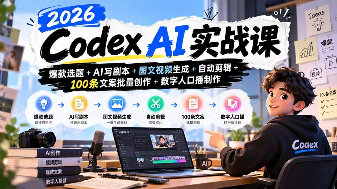 2026Codex AI实战课：爆款选题+AI写剧本+图文视频生成+自动剪辑+100条文案批量创作+数字人口播制作 - 来及网络