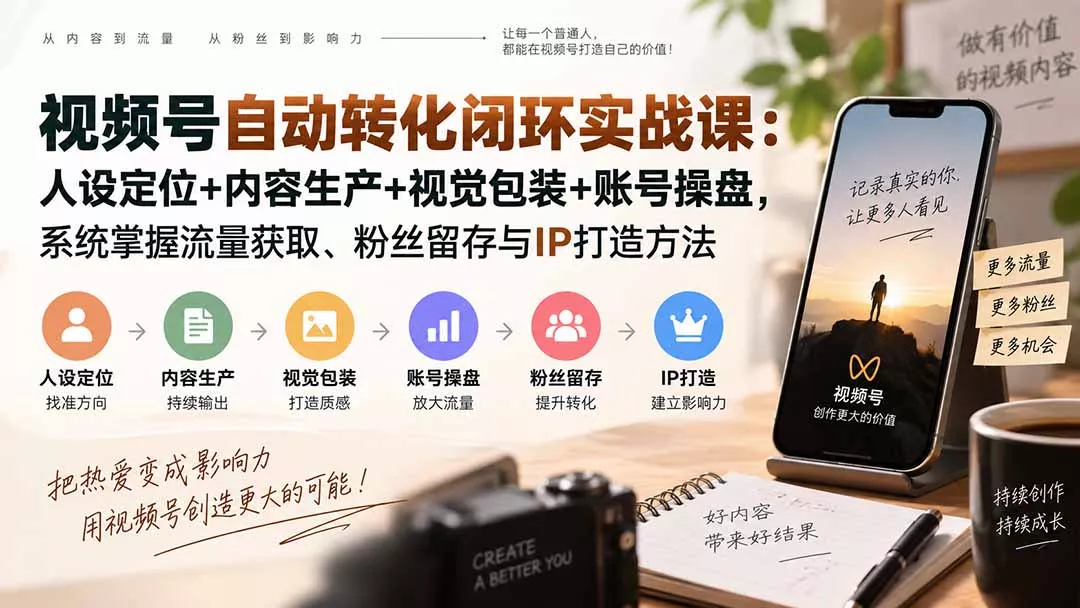 视频号自动转化闭环实战课：人设定位+内容生产+视觉包装+账号操盘，系统掌握流量获取、粉丝留存与IP打造方法 - 来及网络