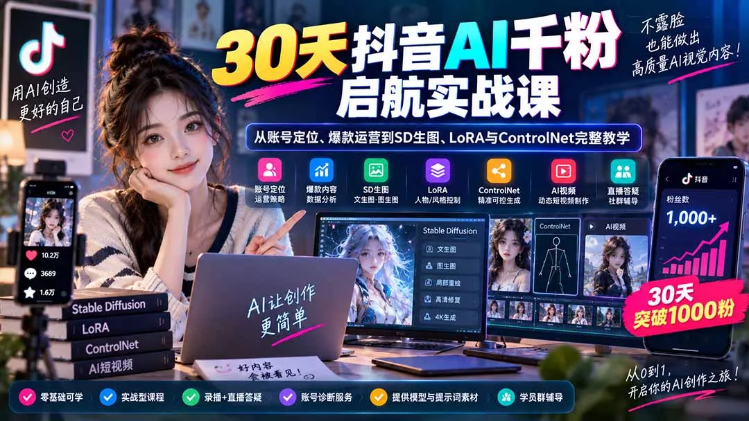 30天抖音AI千粉启航实战课：从账号定位、爆款运营到SD生图、LoRA与ControlNet完整教学 - 来及网络