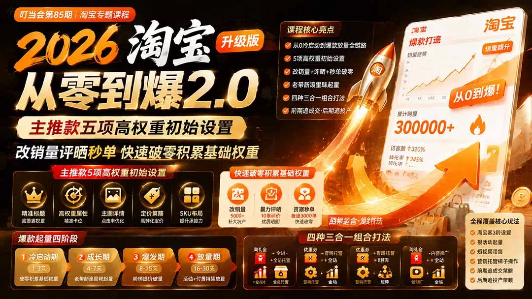 2026淘宝从零到爆2.0第85期；主推款五项高权重初始设置，改销量评晒秒单快速破零积累基础权重 - 来及网络