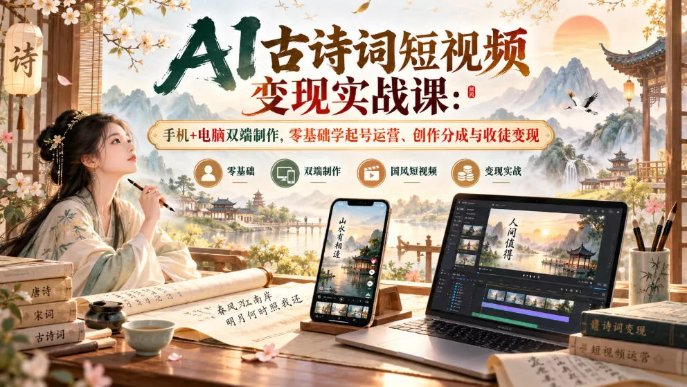 AI古诗词短视频变现实战课：手机+电脑双端制作，零基础学起号运营、创作分成与收徒变现 - 来及网络