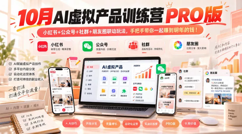 10月AI虚拟产品训练营PRO版，小红书+公众号+社群+朋友圈联动玩法，手把手带你一起赚到明年的钱！ - 来及网络