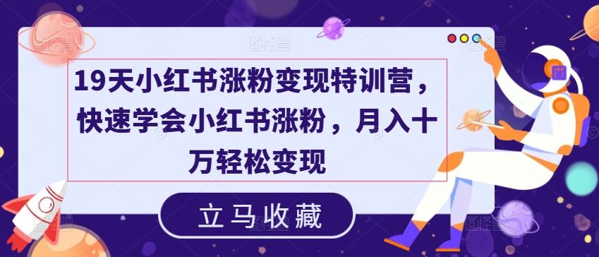 19天小红书涨粉变现特训营，快速学会小红书涨粉，月入十万轻松变现 - 来及网络