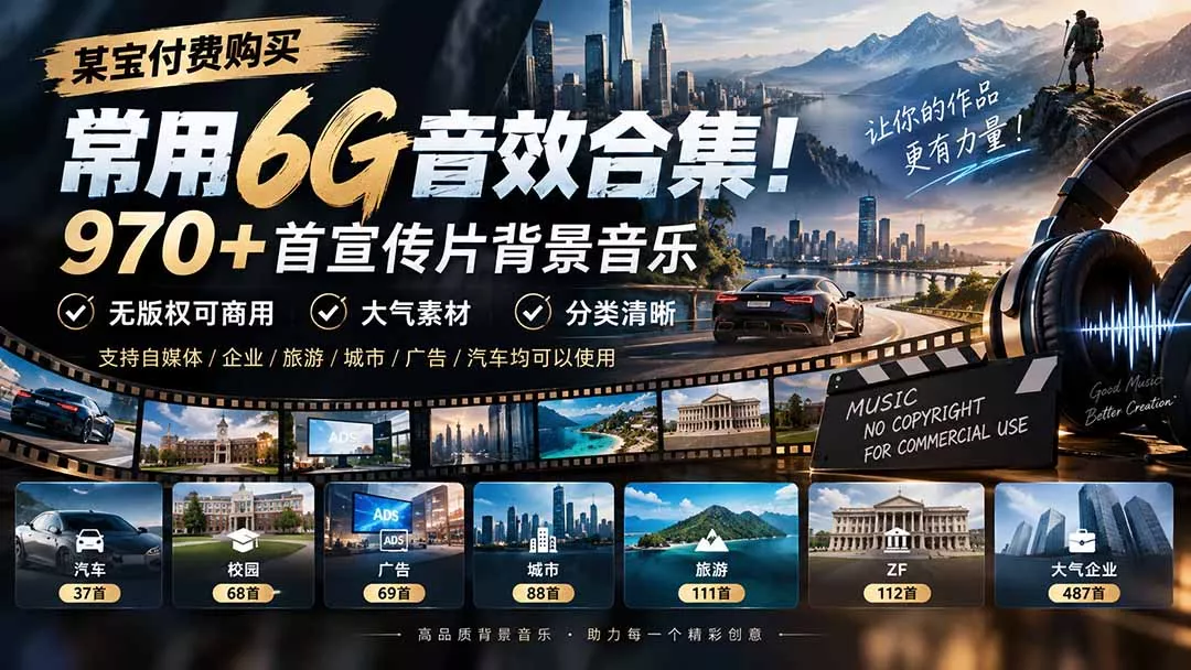 某宝付费购买，常用6G音效合集！970+首宣传片背景音乐，无版权可商用大气素材，分类清晰 - 来及网络