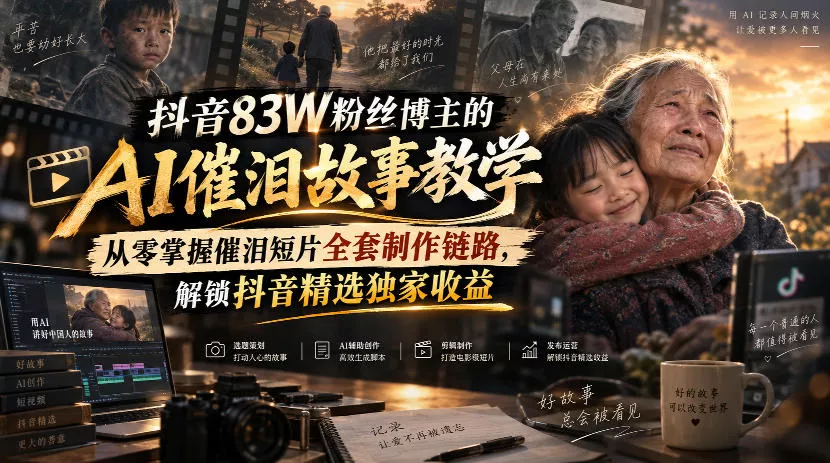 抖音83W粉丝博主的AI催泪故事教学，从零掌握催泪短片全套制作链路，解锁抖音精选独家收益 - 来及网络