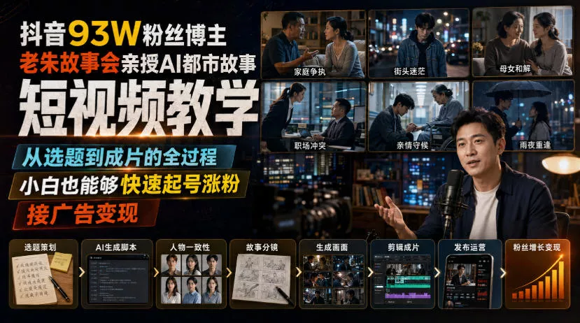 抖音93W粉丝博主老朱故事会亲授AI都市故事短视频教学，从选题到成片的全过程，小白也能够快速起号涨粉接广告变现 - 来及网络
