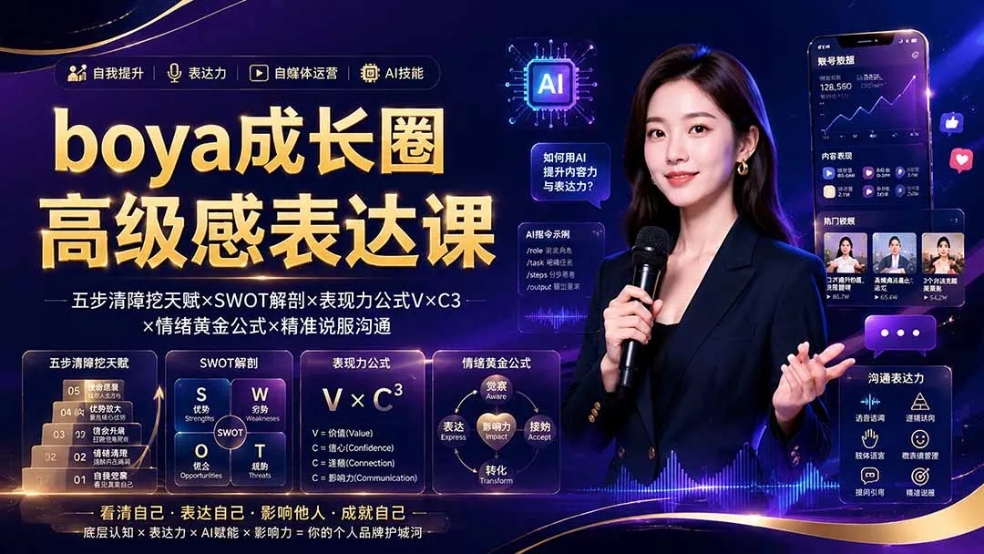 boya成长圈｜内心成长高级表达AI自媒体三合一，消解内耗挖掘天赋，镜头沟通AI指令短视频全流程教学 - 来及网络