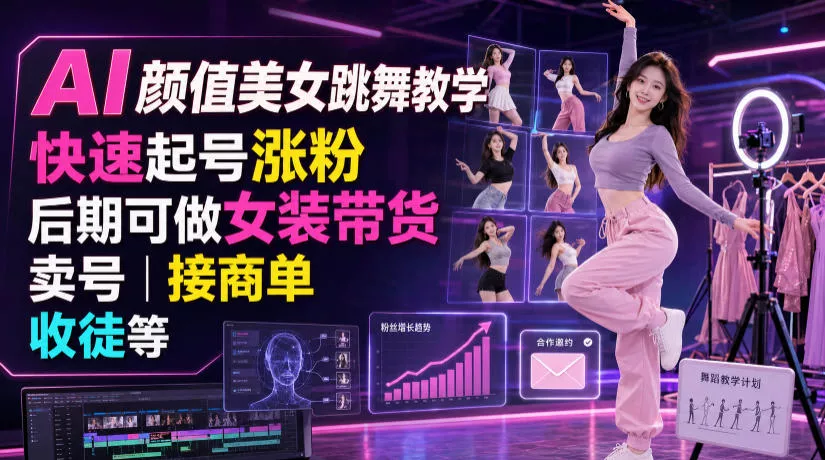 AI颜值美女跳舞教学，快速起号涨粉，后期可做女装带货，卖号，接商单，收徒等 - 来及网络