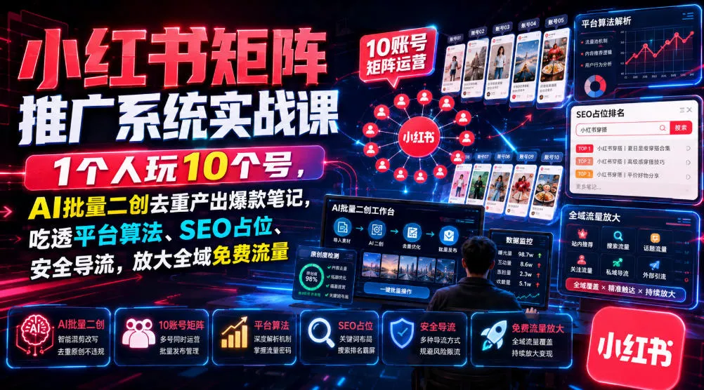 小红书矩阵推广系统实战课｜1个人玩10个号，AI批量二创去重产出爆款笔记，吃透平台算法、SEO占位、安全导流，放大全域免费流量 - 来及网络